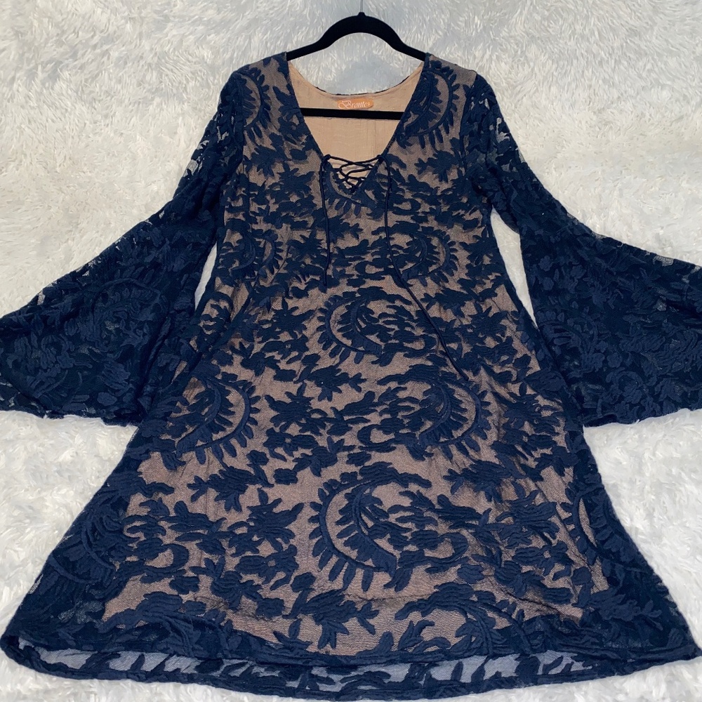 Bronte Lace Overlay Nude Lining Bell Sleves Navy Blue